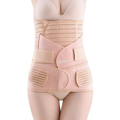 bodvitals 3 in 1 postpartum girdle support recovery belly band corset wrap body shaper for after birth postnatal c-section waist pelvis shapewear wrap girdle support band belt body shaper (beige, m) (used - like new)