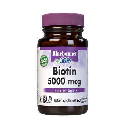 Bluebonnet Nutrition Biotin 5000 Mcg Vegetable Capsules, Biotin is a B Vitamin That Helps Make Keratin, Vegan, Vegetarian, Non GMO, Gluten Free, Soy Free, Milk Free, Kosher, 60 Vegetable Capsules