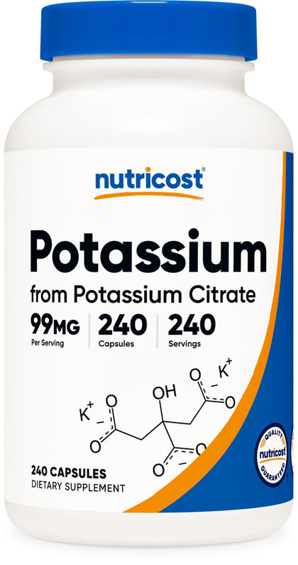 Nutricost Potassium Citrate 99mg, 240 Capsules - Gluten Free, Non-GMO (Expiry 9/01/2026)