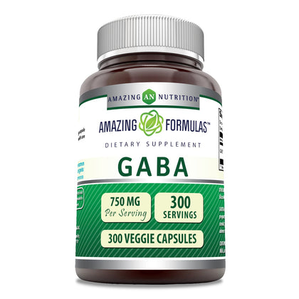 Amazing Formulas GABA 750mg Per Serving Veggie Capsules Supplement | Non-GMO | Gluten Free | Made in USA | Ideal for Vegetarians (300 Count)