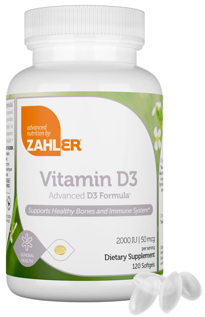 Zahler - Advanced Vitamin D3 2000 IU Softgels (120 Count) Kosher Vegetarian Friendly Vitamin D for Immune Support, Bone, Teeth & Muscle Health - Daily D3 Vitamin Supplement for Adults - Easy Swallow V