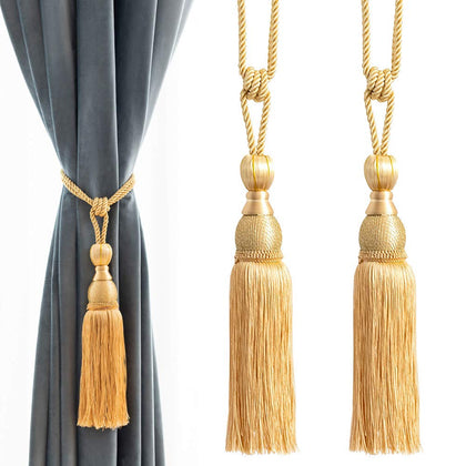 Melodieux Decorative Curtain Tiebacks Ball Tassels Holdbacks - Home Office Windows Drapery Fasteners Braided Buckle Fringe Ropes, Set of 2 (Gold) (Used -  Like New)