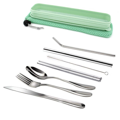 TIMGOU 7 PCs Flatware Set with Carry Case, Reusable 304 Stainless Steel Silverware of Fork, Knife, Spoon, Chopsticks, 2 Metal Straws and Cleaning Brush, Portable Travel Cutlery Set-Green