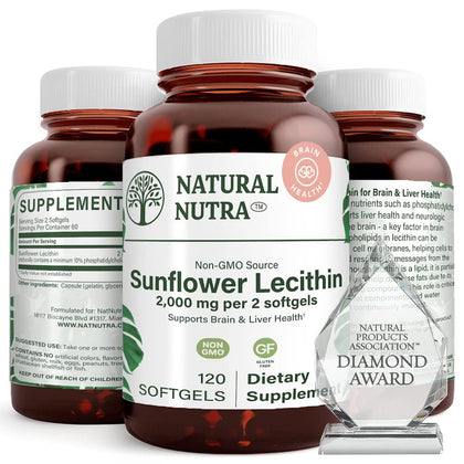 Natural Nutra Sunflower Lecithin Supplement 2000 mg, Helps to Improve Liver Function, Memory Booster, Promotes Brain Health and Focus and Concentration, Non-GMO, Gluten Free, 120 Softgels (2 Pack)