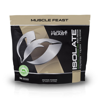 Muscle Feast Grass-Fed Whey Protein Isolate, All Natural Hormone Free Pasture Raised, Cappuccino, 5lb (94 Servings)