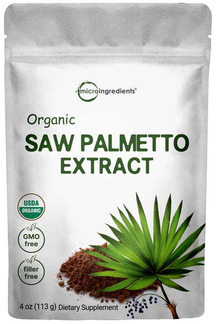 Sustainably US Grown, Organic Saw Palmetto Powder, 4 Ounce, with Active Fatty Acid, Pure Saw Palmetto Prostate & Hair Growth Supplement, Healthy Urination Frequency & Hair Loss Blocker Supplement