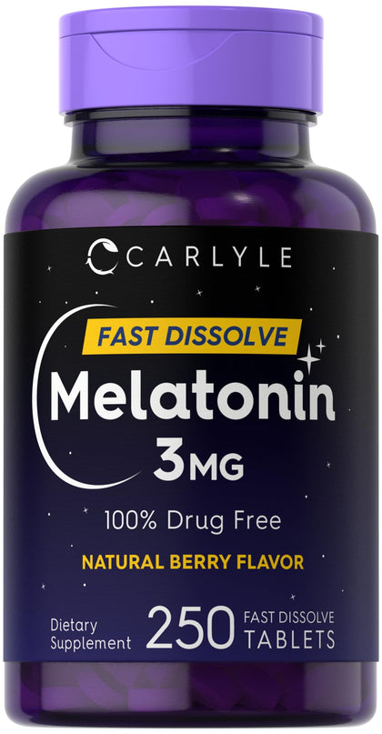 Carlyle Melatonin 3mg Fast Dissolve Tablets | 250 Count | Low Dose and Drug Free | Vegan, Non-GMO, Gluten Free