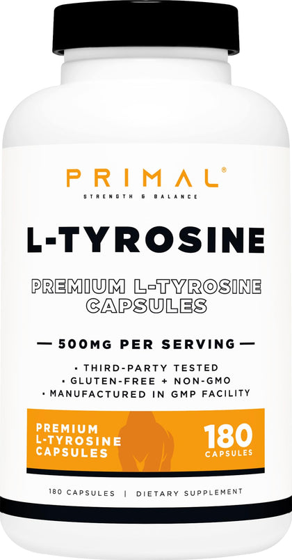 Primal L-Tyrosine Capsules (180 Capsules / 500 mg Per Serving) | Tyrosine Amino Acid Supplement