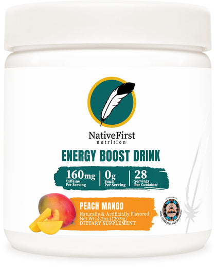 NativeFirst Energy Boost Drink Mix (28 Servings) - 160mg Caffeine per Serving, Gluten Free, Non-GMO (Peach Mango)