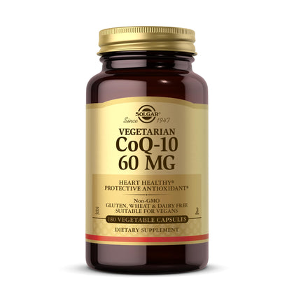 Solgar Vegetarian CoQ-10 60 mg, 180 Vegetable Capsules - Heart Healthy, Protective Antioxidant - Coenzyme Q-10 (CoQ-10) Supplement - Non-GMO, Vegan, Gluten Free, Dairy Free, Kosher - 180 Servings