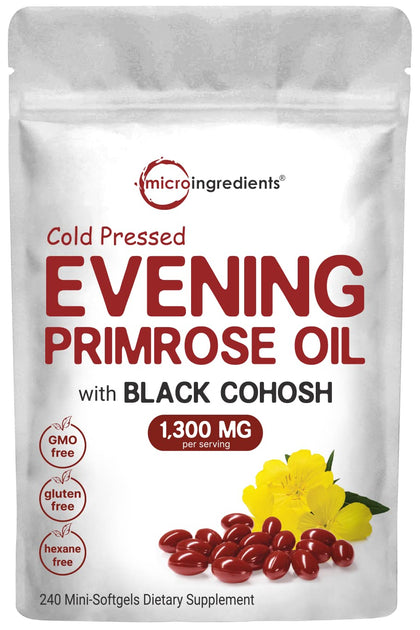 Micro Ingredients Evening Primrose Oil 1300mg Perserving, 240 Softgels | Enhanced with 40mg Black Cohosh Extract, Cold Pressed - 10% Active GLA, Non-GMO, No Gluten, Easy to Swallow