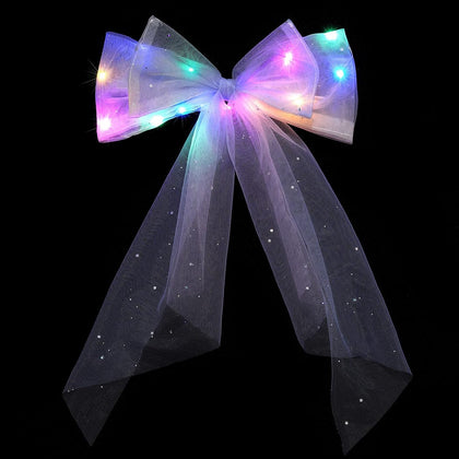 Jeairts LED Bow Clip Glowing Rainbow Veil Wedding Hair Piece Barrette Colorful Tulle Bow with Clips Bachelorette Party Hair Accessories for Women and Girls