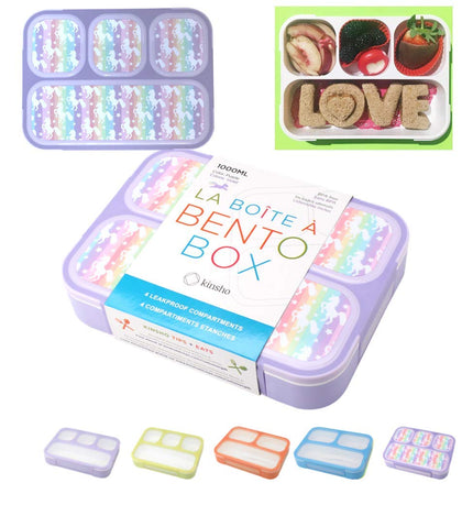 Unicorn Bento Box Lunch Box for Girls, Kids | Snack Containers with 4 Compartment Dividers, Boxes for Toddlers Pre-School Daycare Lunches BPA Free, Food & Microwave Safe | Purple Rainbow Unicornio