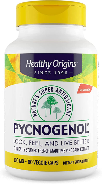 Healthy Origins Pycnogenol 100 mg - Premium Pine Bark Extract - French Maritime Pine Bark Extract for Heart Health, Skin Care & More - Gluten-Free & Non-GMO Supplement - 60 Veggie Caps