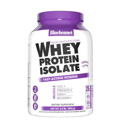 Bluebonnet Nutrition Whey Protein Isolate Powder, Whey from Grass Fed Cows, 26 Grams of Protein, No Sugar Added, Gluten Free, Soy Free, Kosher Dairy, 2.2 lbs, 32 Servings, Original Unflavored