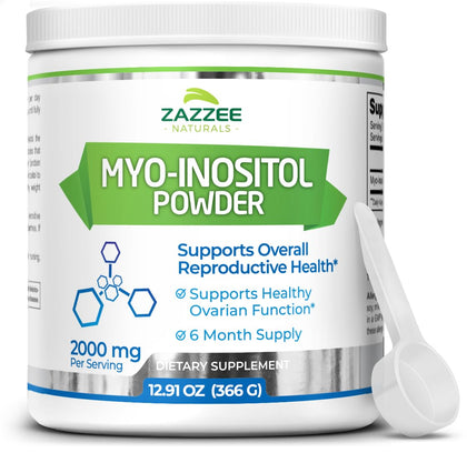 Zazzee Myo-Inositol Powder, 6 Month Supply, 183 Servings, 2000 mg per Serving, Free Scoop for Exact Dosage, 12.91 Ounces, 100% Pure, All-Natural Fertility and Reproductive Support, Vegan, Non-GMO