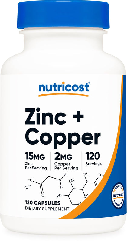 Nutricost Zinc + Copper Capsules (120 Servings)(15MG Zinc + 2MG Copper Per Serving) - Non GMO, Vegetarian