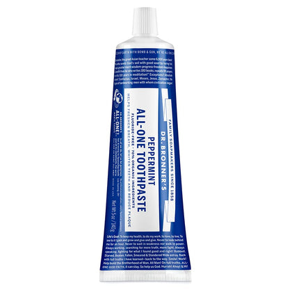 Dr. Bronners - All-One Toothpaste (Peppermint, 5 ounce) - 70% Organic Ingredients, Natural and Effective, Fluoride-Free, SLS-Free, Helps Freshen Breath, Reduce Plaque, Whiten Teeth, Vegan