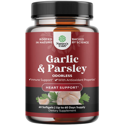 Super Concentrated Odorless Garlic Supplement - No Smell Easy to Swallow Antioxidant Garlic Pills for Immune Support and Heart Health - Odorless Garlic Softgels with Parsley Non GMO and Gluten Free