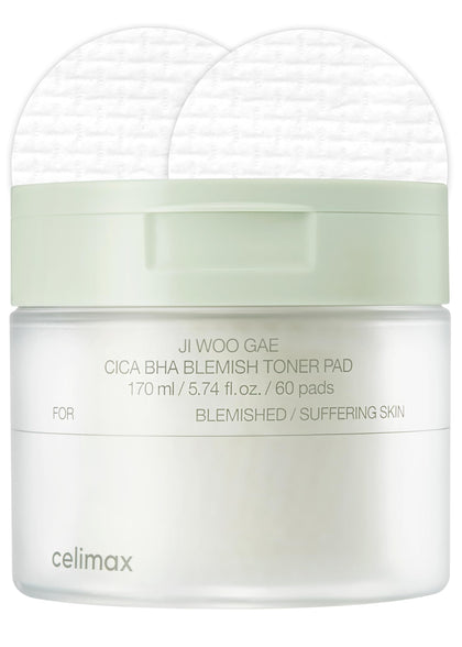 celimax Ji.Woo.Gae Cica BHA Blemish Toner Pad | Hydrating & Moisturizing Exfoliating Pads for Oily Combination Skin, for Soothing, Depuffing, Repairing, Astringent Pads (60 Pads)