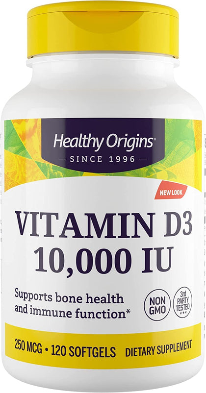 Healthy Origins Vitamin D3 (Lanolin) 10,000 IU Softgel - Bone Health and Immune Support Supplement - Easily Absorbable Vitamin D Supplements - Gluten-Free Vitamin D3 Supplement - 120 Softgels