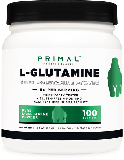 Primal L-Glutamine Powder (500 Grams, 100 Servings) | Pure Unflavored Glutamine Amino Acid for Sport & Workout Support and Performance - Gluten Free, Non-GMO Nutritional Supplement