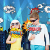 Superheroes Theme Party Photography Backdrop with Prop, Flag & Mask. Super Hero Cityscape Photo Booth Background for Kids Party, Birthday Wall Decorations