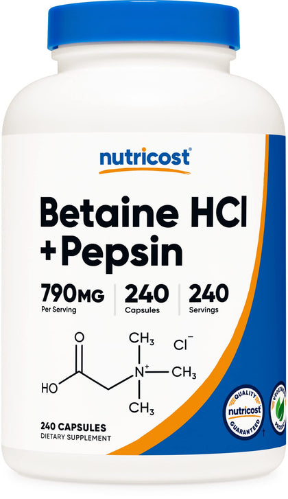 Nutricost Betaine HCl + Pepsin 790mg, 240 Capsules - Gluten Free & Non-GMO (Expiry 3/01/2027)