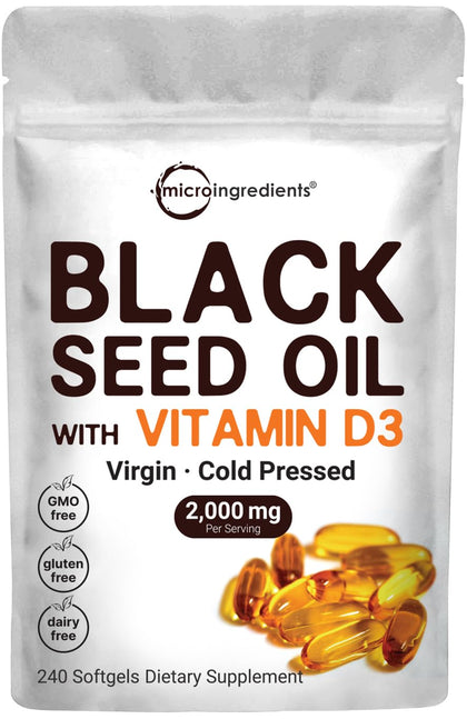 Micro Ingredients Black Seed Oil 2000 mg with Vitamin D3 1000 IU, 240 Softgels | Cold Pressed - Nigella Sativa Pills from Egypt, Virgin Oil, Odorless, Non-GMO & No Gluten