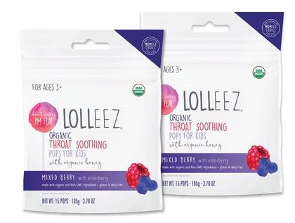 Lolleez Organic Lollipops for Sore Throat Relief - Perfect for Soothing A Sore Throat While Tasting Great - Mixed Berry with Elderberry, 2-Pack (15-Count Bags, 30 Total)