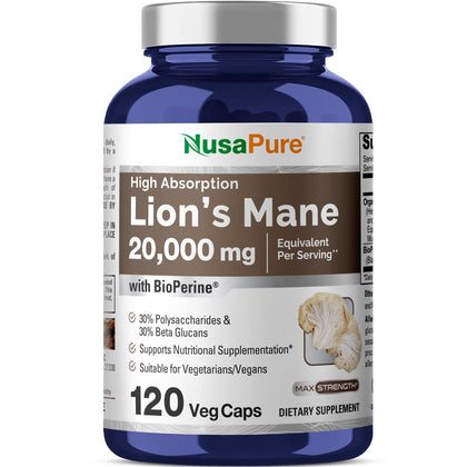 NusaPure Lions Mane 20:1 Extract (20,000 mg Equivalent) - Made with Organic Lion`s Mane, Bioperine - 30% Polysaccharides - 120 Veggie Caps. Non-GMO, Gluten Free