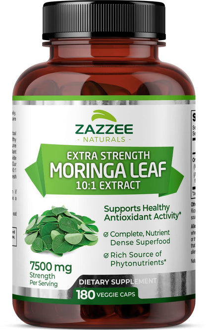 Zazzee Organic Moringa Oleifera Leaf 7500 mg Strength, 180 Vegan Capsules, 10:1 Extract, 100% Pure Superfood, Concentrated and Standardized 10X Leaf Extract, Vegetarian, All-Natural and Non-GMO