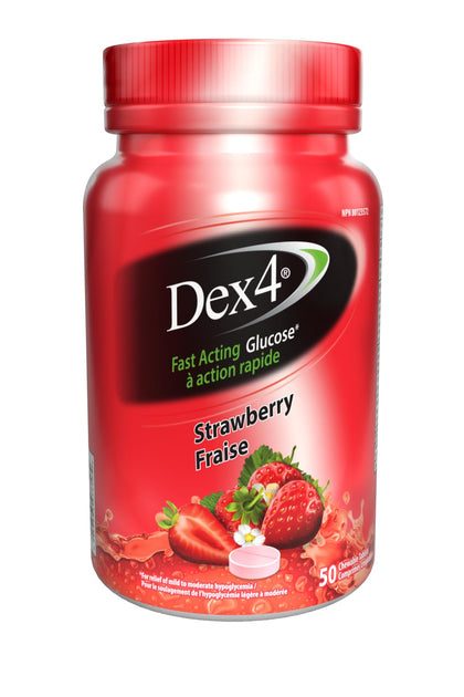 Dex4 Glucose Tablets, Strawberry, 50 Count Bottle, Each Tablet Contains 4g of Carbs