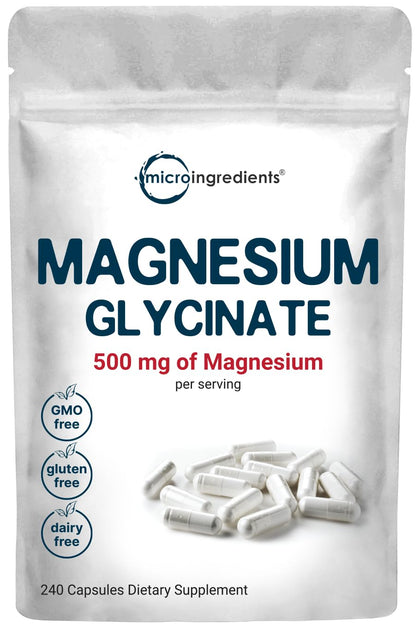 Magnesium Glycinate 500mg Per Serving, 240 Capsules | Potent Elemental Form, 100% Chelated, High Absorption | Healthy Muscle, Bones, & Mood Support Supplement | Non-GMO