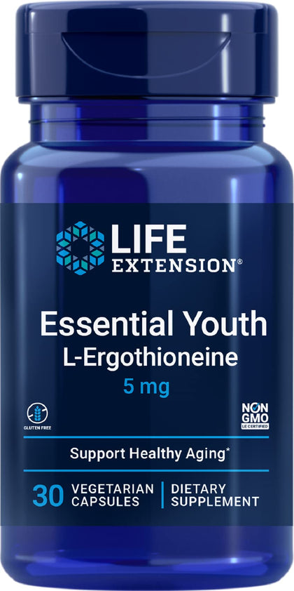 Life Extension Essential Youth L-Ergothioneine - Promotes Longevity & Healthy Aging - Gluten-Free - Non-GMO - Vegetarian - 5 mg - 30 Vegetarian Capsules