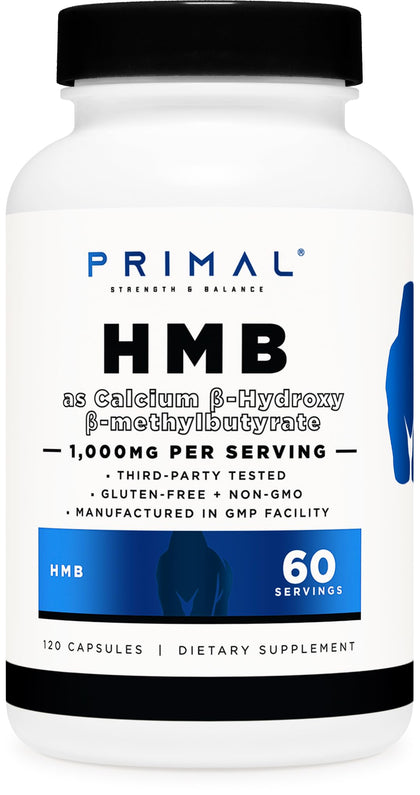 Primal HMB (1000mg, 120 Capsules) | Athlete Formula, Gluten-Free, Non-GMO, 60 Servings