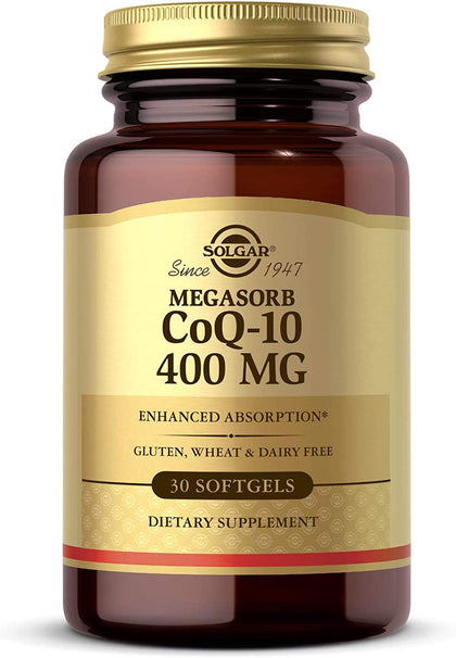 Solgar Megasorb CoQ-10 400 mg, 30 Softgels - Supports Heart & Brain Function - Coenzyme Q10 Supplement - Enhanced Absorption - Gluten Free, Dairy Free - 30 Servings