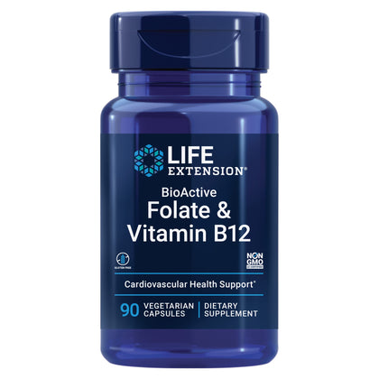 Life Extension BioActive Folate & Vitamin B12, Promotes Heart, Brain & GI Tract Health, Non-GMO, Gluten-Free, Vegetarian, 90 Capsules