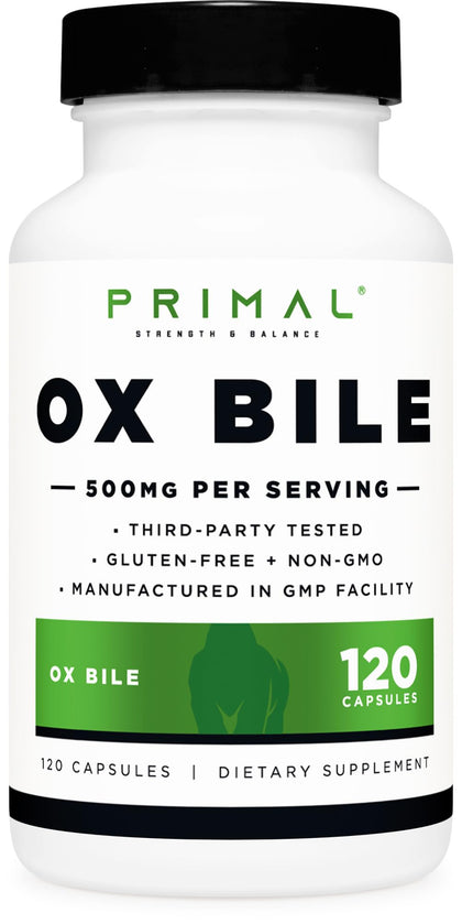 Primal Ox Bile (120 Capsules, 500 MG per Serving) - Gluten-free, Non-GMO, Third-Party Tested