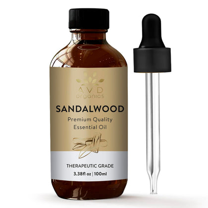 AVD Organics Sandalwood Essential Oil for Diffuser - Premium Quality Therapeutic Grade Sandalwood Oil | for Skin & Focus, Woody and Earthy Aroma for Clarity, Aromatherapy- 3.38 fl. Oz