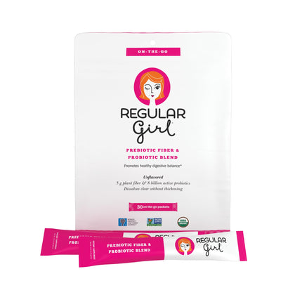 Regular Girl Organic Powder, Prebiotic Fiber Supplement and Probiotics for Women, Low FODMAP, 30 On-The-Go Packets, Unflavored, 30 Serving Packets