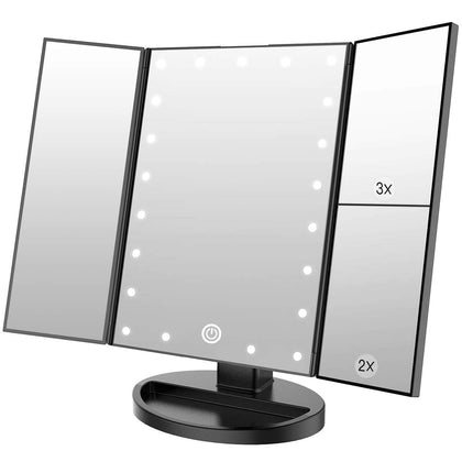 WEILY Makeup Mirror with 21 LED Lights,Two Power Supply Modes, Adjustable Touch Screen and 1x/2x/3x Magnification Tri-Fold Vanity Mirror, Gift for Women?Black?