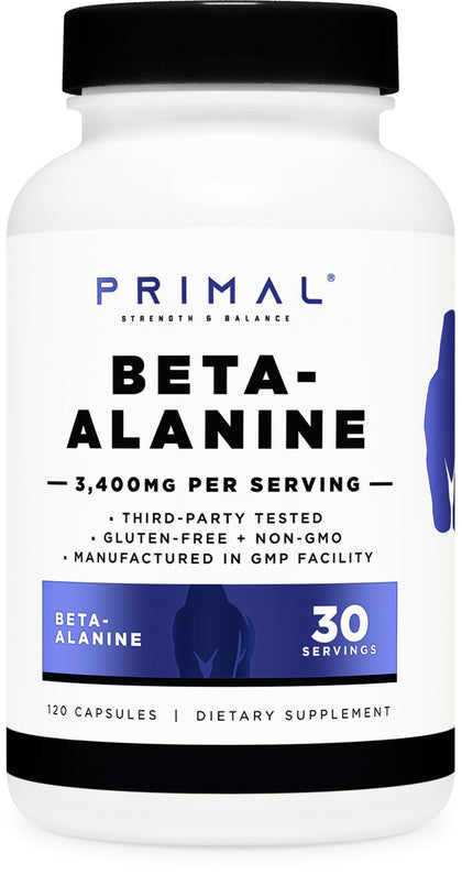 Primal Beta-Alanine Capsules 3400mg (30 Servings, 120 Capsules) - Supplement, Gluten-Free & Non-GMO, 850mg Per Cap