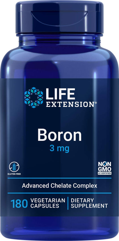 Life Extension Boron 3mg 180 Veg Caps - Triple Boron Complex with Boron Citrate, Glycinate, Aspartate - 3 mg Capsules - Enhanced with Vitamin B2