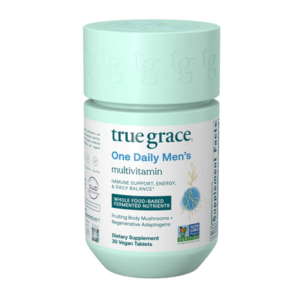 True Grace One Daily Mens Multivitamin Fermented Minerals, Organic Adaptogens & Mushrooms Whole Body Balance Immune, Endurance, Bone & Heart Support - Non-GMO, Gluten Free - 30 Vegan Tablets