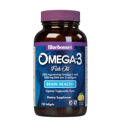 Bluebonnet Nutrition Omega-3 Brain Formula Natural Wild Caught Triglyceride Form DHA 1000 mg EPA 210 mg - Highly Concentrated Cognitive Health & Wellness Support Supplement - Gluten-Free - 120 Softgel