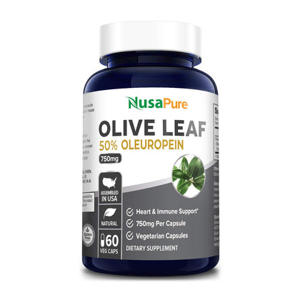 NusaPure Olive Leaf Extract (Non-GMO, Gluten Free) 750 mg - 50% Oleuropein - Vegan - Super Strength - No Oil - 60 Capsules