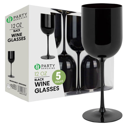 PARTY BARGAINS 5 Wine Goblets - Black (12oz) - Disposable Shatterproof Elegant Design Plastic Wine Glasses. For Pool Parties, Outdoors Receptions, Weddings