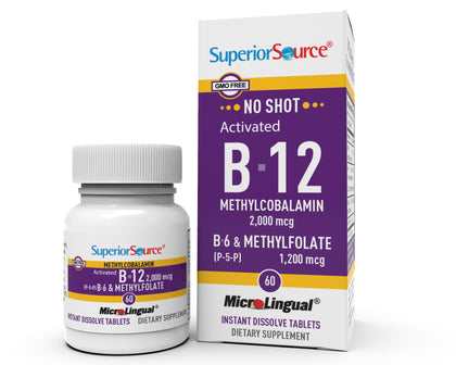 Superior Source No Shot Vitamin B12 Methylcobalamin (2000 mcg), Methylfolate, B6 (P-5-P), Quick Dissolve MicroLingual, 60 Ct, Cognitive Health, Increase Energy, Healthy Heart, Non-GMO