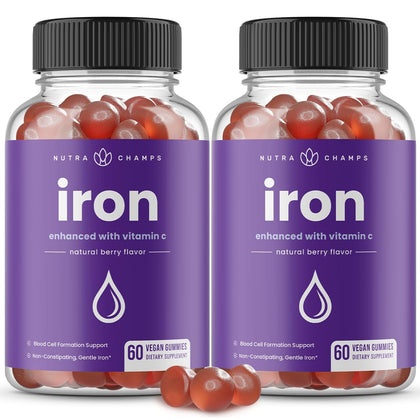 Iron Gummies with Vitamin C | 20mg Iron Gummies for Women, Men & Kids | Blood Cell Formation Support | 120 Gummies | Iron Gummy for Iron Deficiency & Anemia | Energy, Focus, Immune Boost (2 Pack)